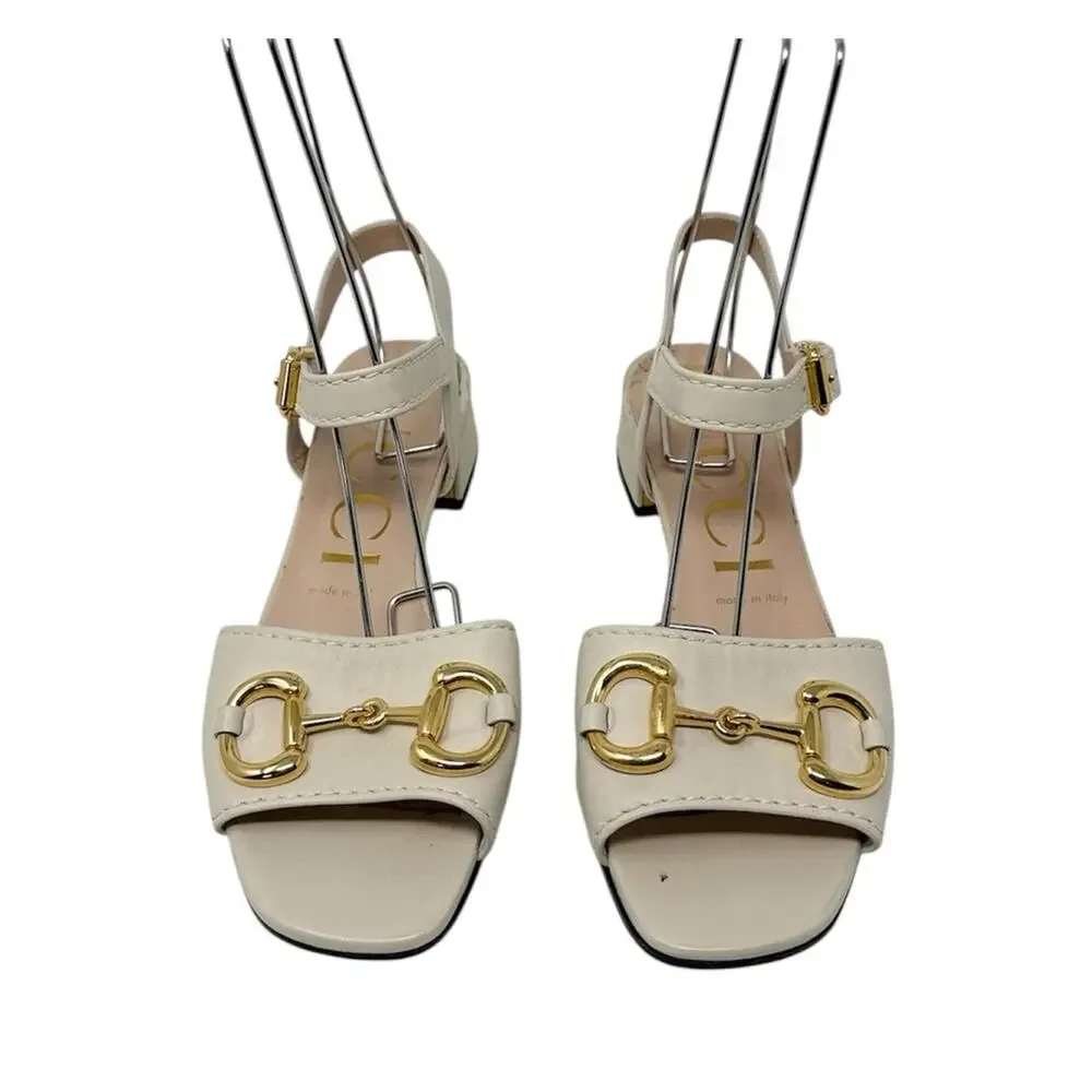 Gucci Baby Horsebit Leather Low Block Heel Sandals Mystic White Ivory Size 37.5